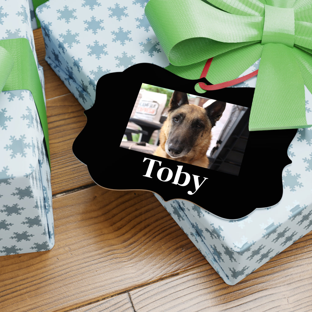 Adorno navideño negro personalizado con la foto de tu mascota